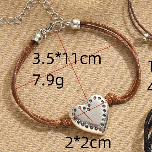 3/$35 Vintage Silver Love Heart Pendant Charm Bracelet Brown Rope Cord Jewelry - Picture 4 of 6